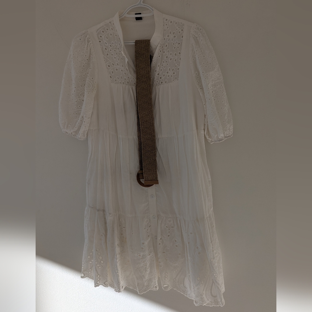 White Eyelet Dress with Tan Belt